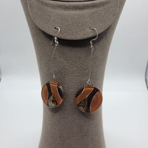 Vintage Long Dangle Statement Circle Glass Sterling Silver Earrings